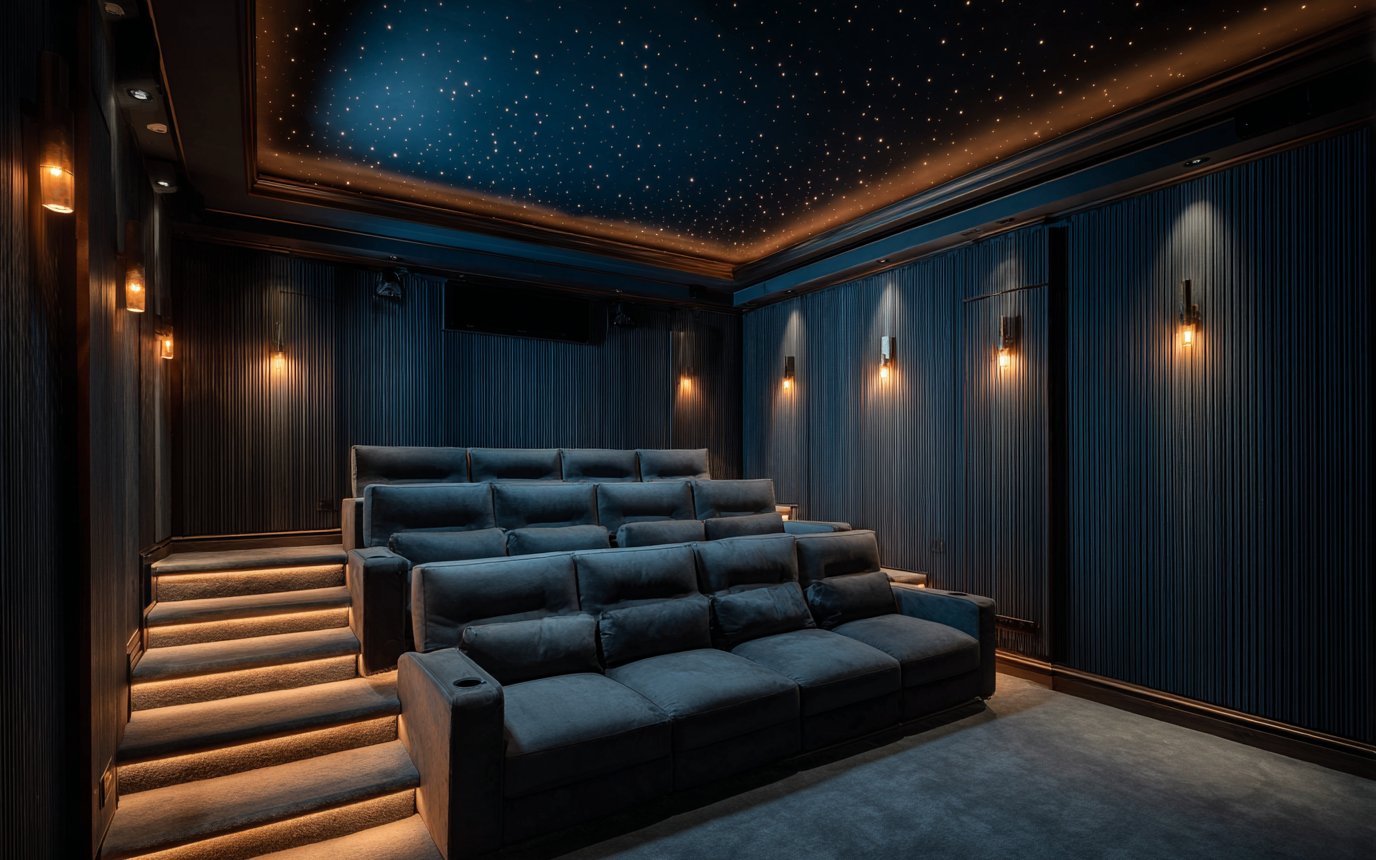 Private home cinema at rest, tiered seating, acoustic panelling and a fibre-optic star ceiling, sconces dimmed low