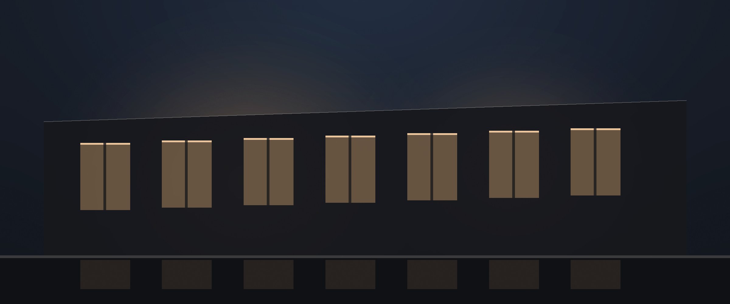 Contemporary house at dusk, its windows and landscape lighting coming on automatically