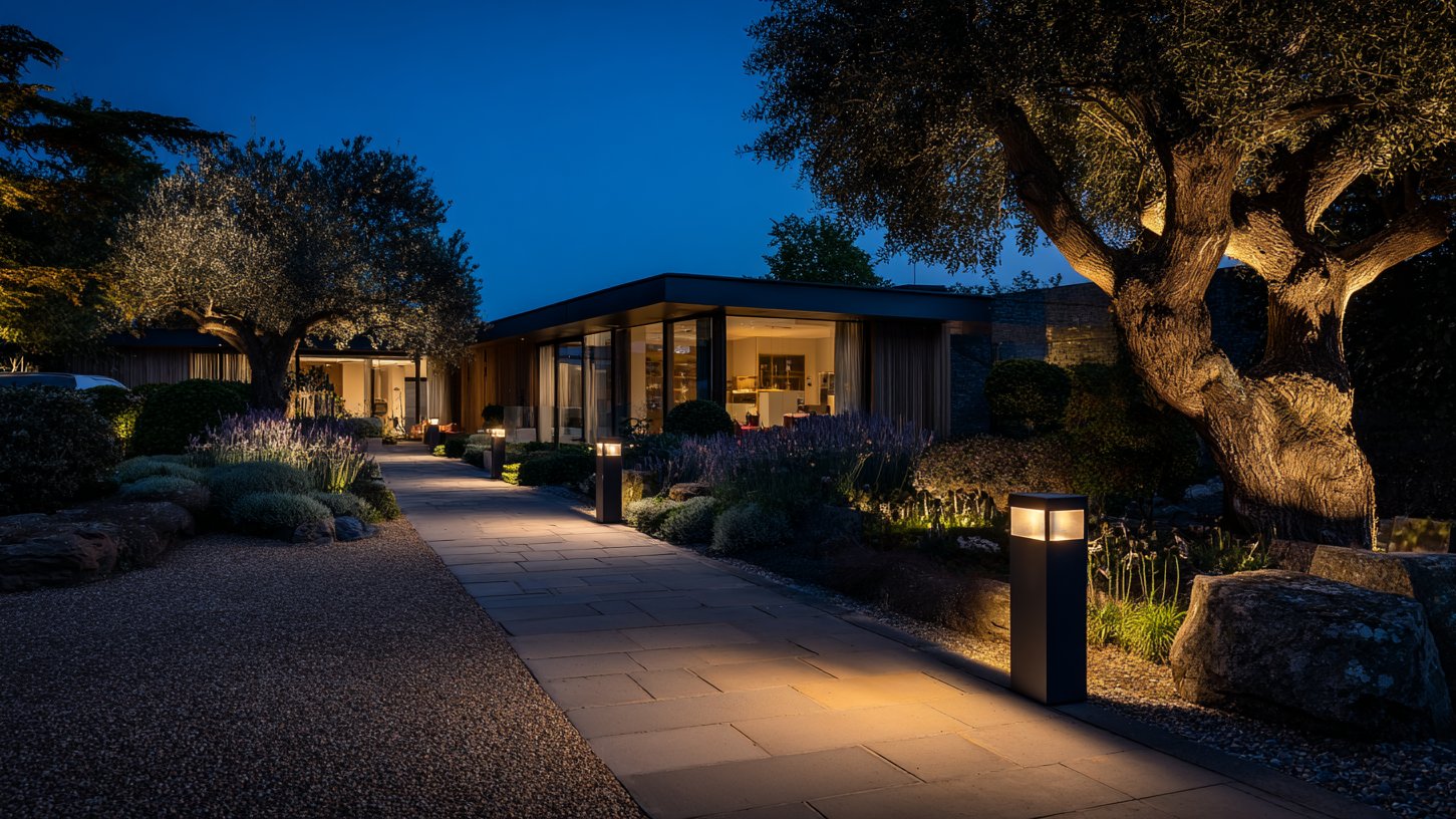 Contemporary garden at dusk with uplit trees and low bollard path lighting, the house glowing warm behind
